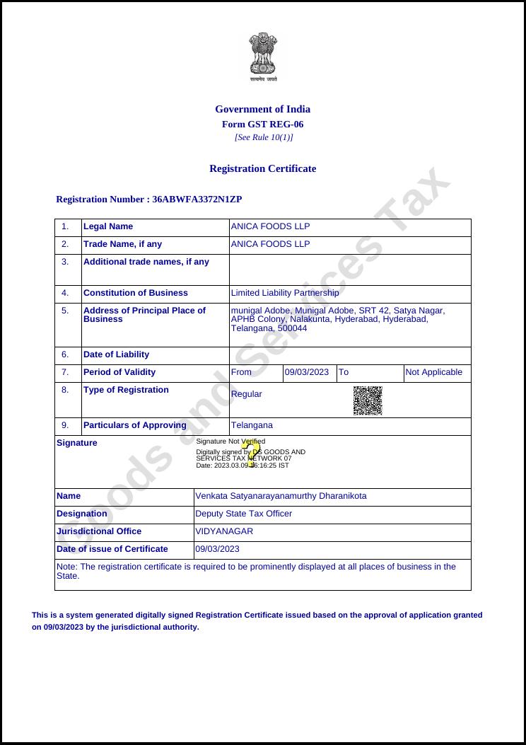 GST Registration Certificate certificate issued to Anica Foods LLP