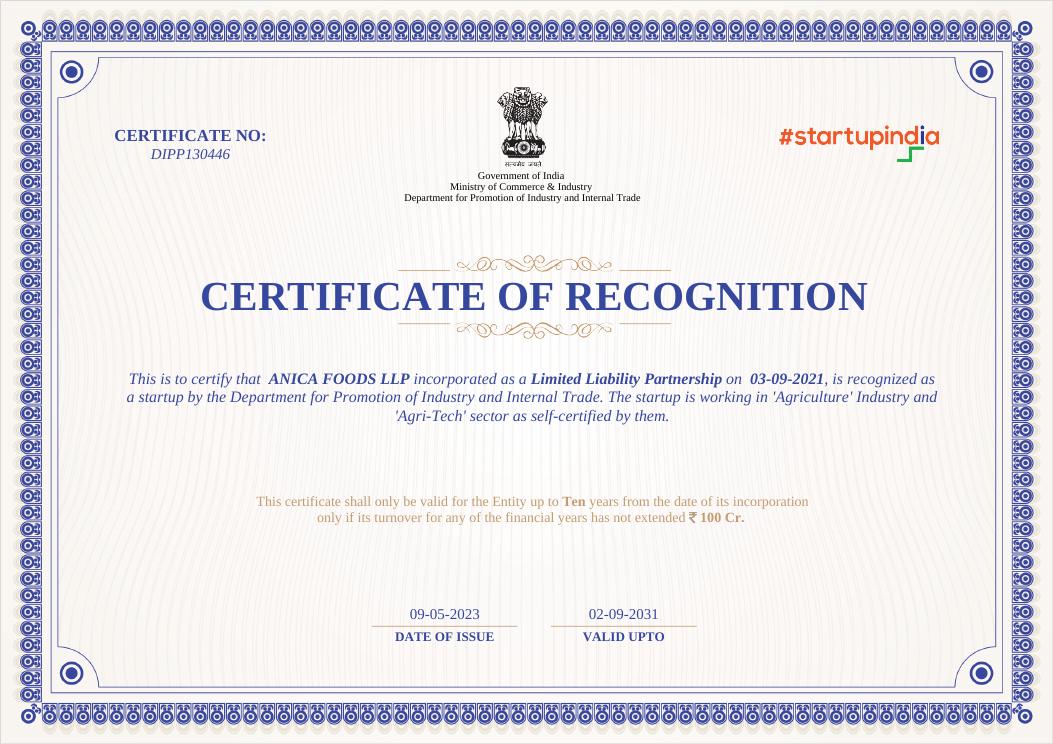 DPIIT Startup Recognition certificate issued to Anica Foods LLP