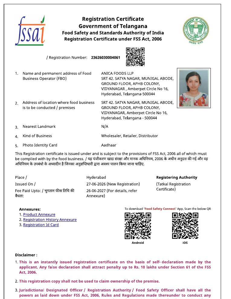 FSSAI Trader Licence certificate issued to Anica Foods LLP