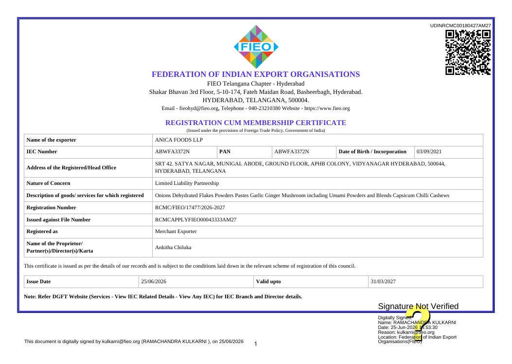 FIEO RCMC certificate issued to Anica Foods LLP